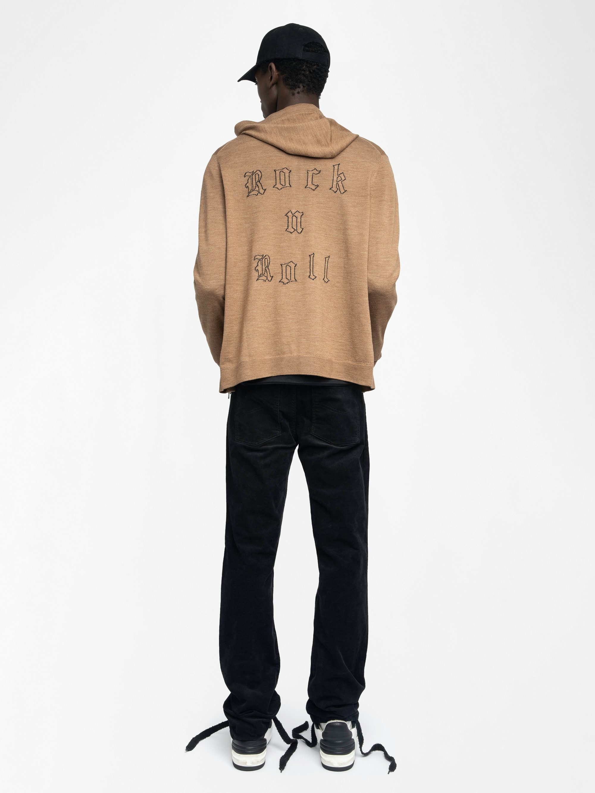 Clash Cardigan 100% Merino Wool - Hooded cardigan with zip closure and rock n roll writing on the back.